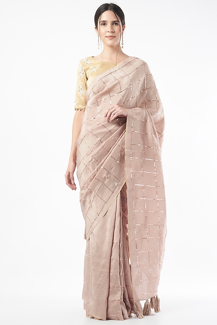 Light Brown Embroidered Saree by Neervab-k by Nirav Khunt
