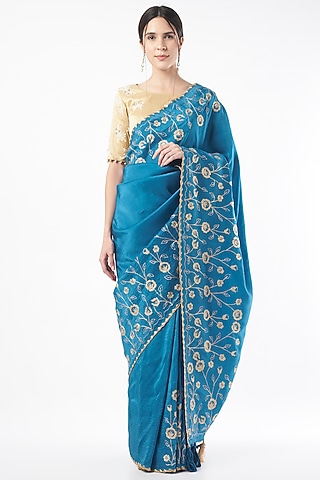 Cobalt Blue Embroidered Saree by Neervab-k by Nirav Khunt