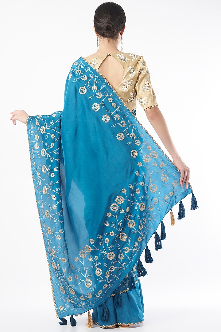 Cobalt Blue Embroidered Festive Saree by Neervab-k by Nirav Khunt at Pernia's Pop Up Shop