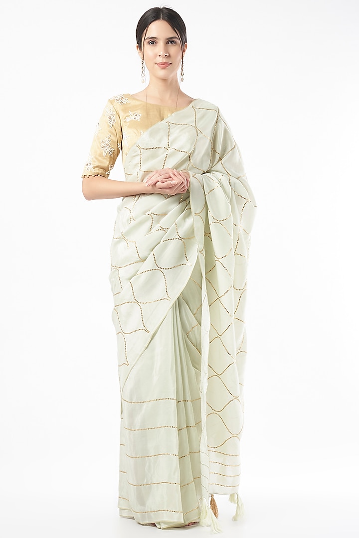 Ivory Embroidered Saree by Neervab-k by Nirav Khunt