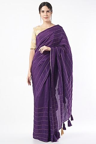 Purple Embroidered Saree by Neervab-k by Nirav Khunt