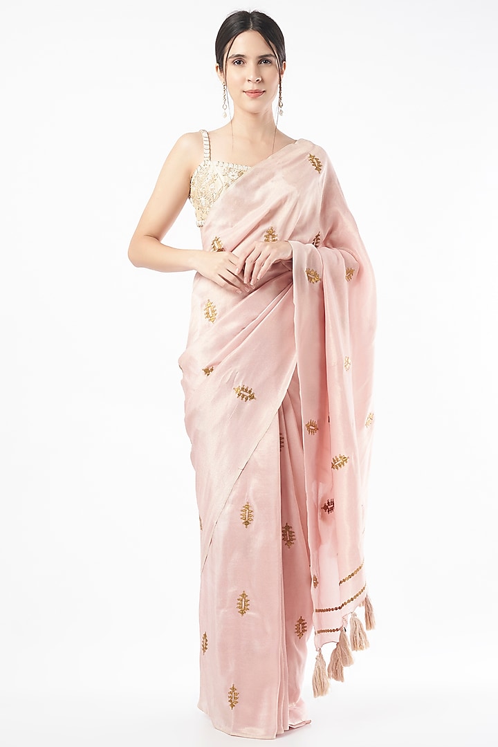 Peach Embroidered Saree by Neervab-k by Nirav Khunt