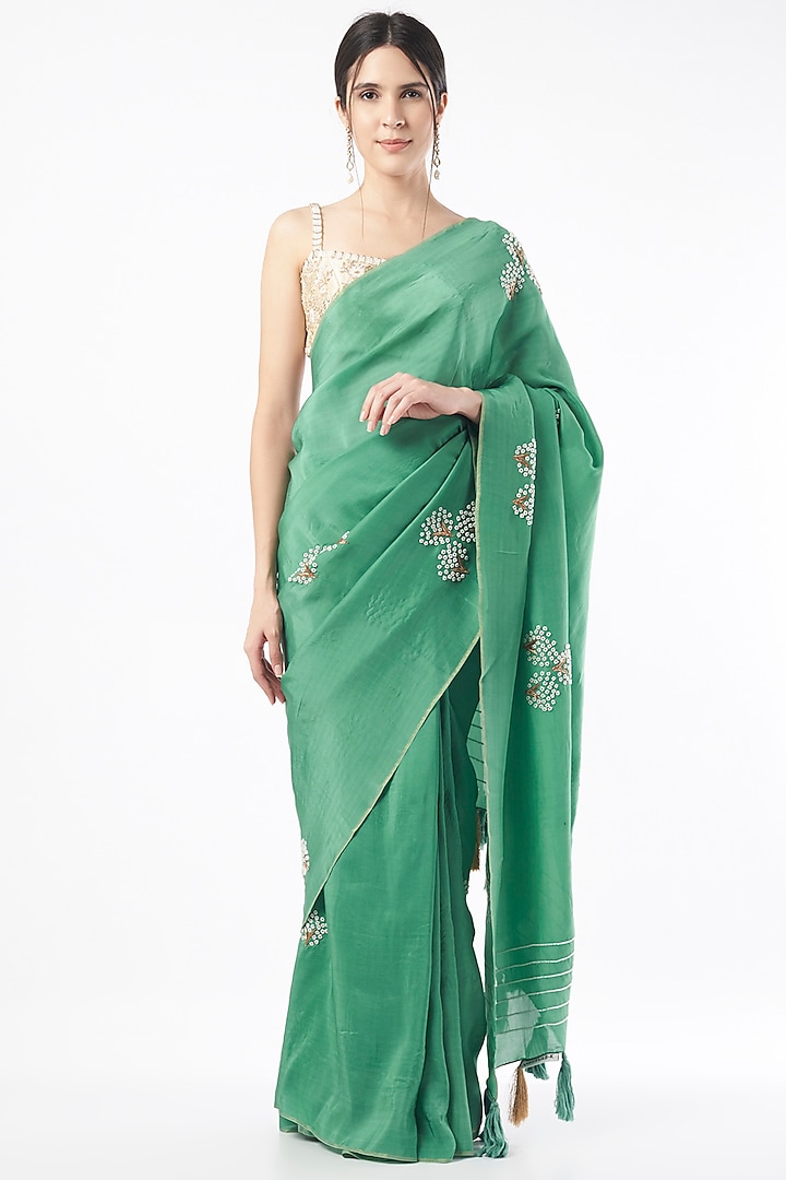 Forest Green Embroidered Saree by Neervab-k by Nirav Khunt