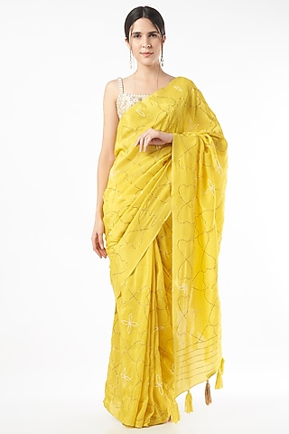 Dandelion Yellow Embroidered Saree by Neervab-k by Nirav Khunt