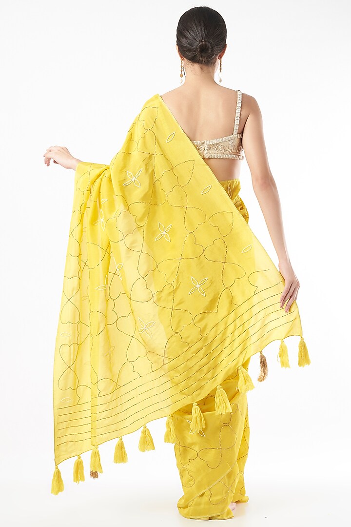 Dandelion Yellow Embroidered Party Wear Saree by Neervab-k by Nirav Khunt at Pernia's Pop Up Shop