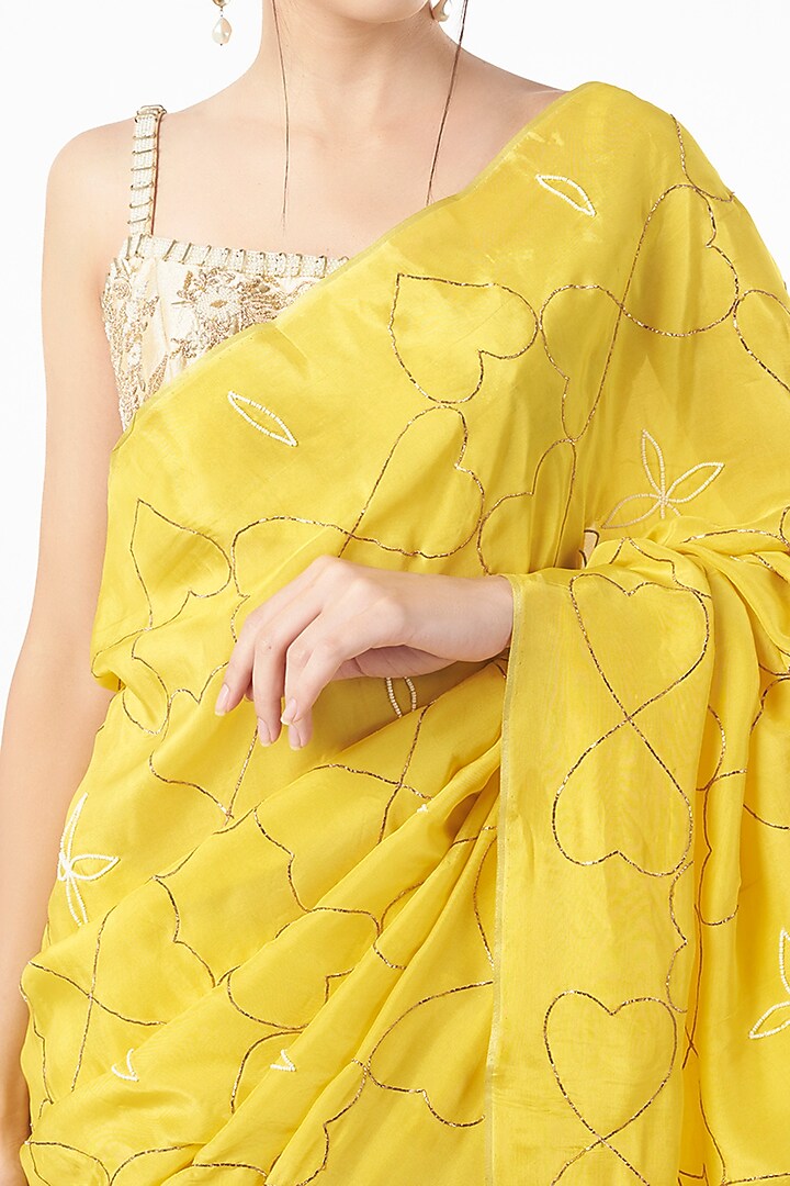 Dandelion Yellow Embroidered Party Wear Saree by Neervab-k by Nirav Khunt at Pernia's Pop Up Shop