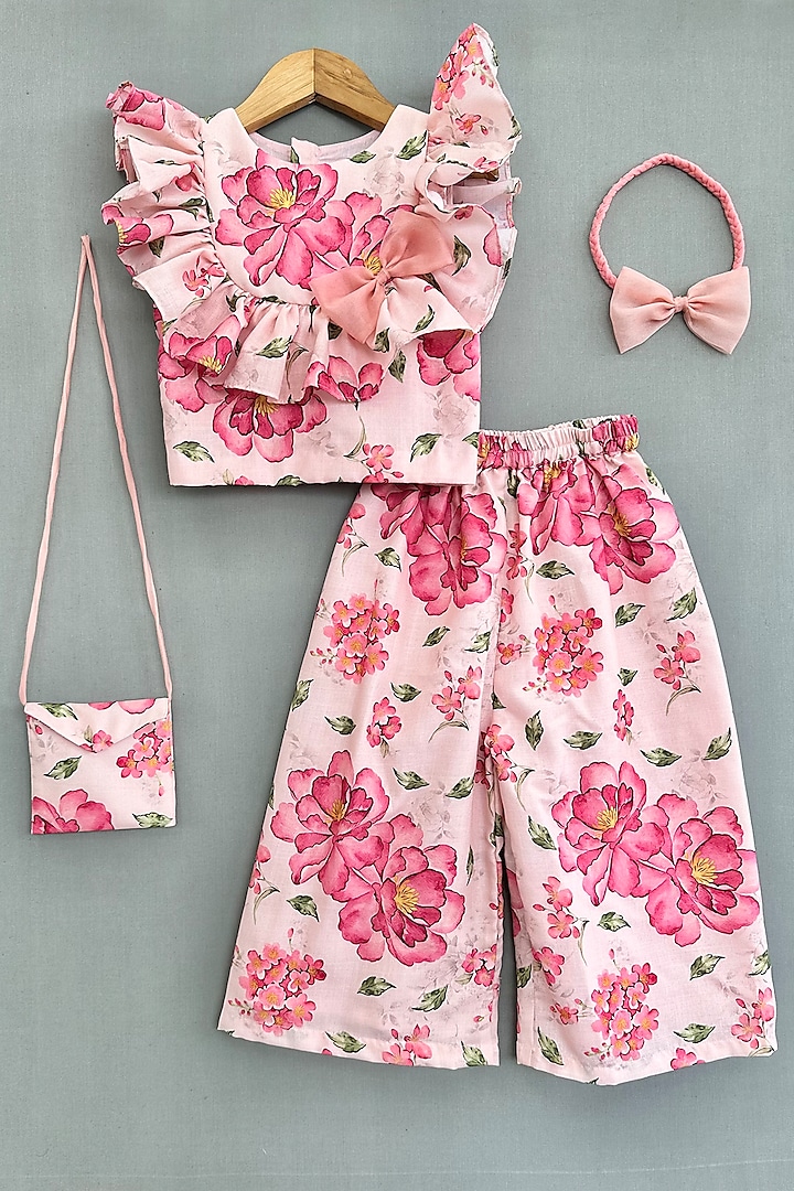 Pink & White Linen Printed Co-Ord Set For Girls by Label Neeti at Pernia's Pop Up Shop