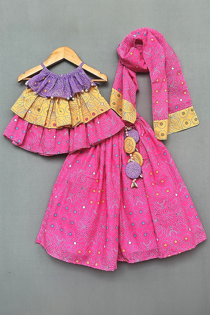 Pink Cotton Printed & Hand Embroidered Lehenga Set For Girls by Label Neeti at Pernia's Pop Up Shop