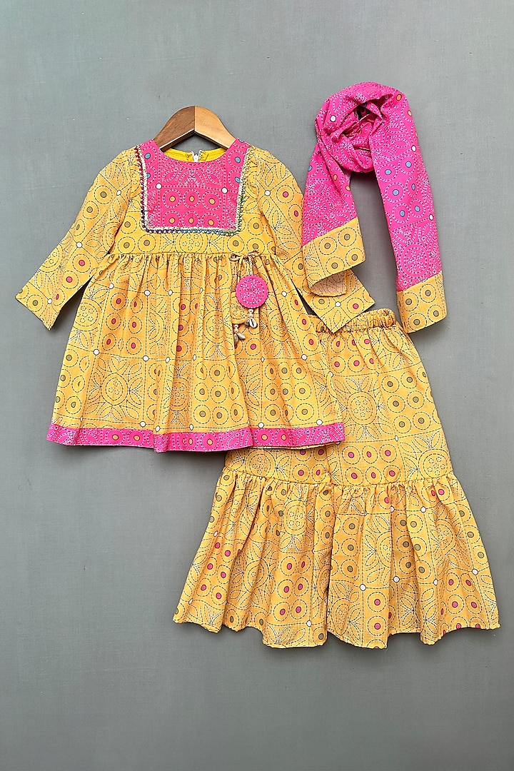 Yellow Cotton Printed Sharara Set For Girls by Label Neeti at Pernia's Pop Up Shop