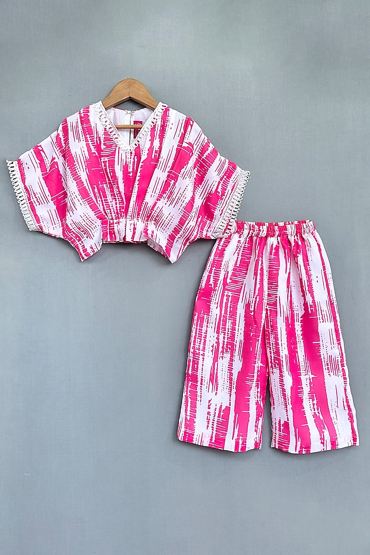 Pink & White Cotton Abstract Printed Co-Ord Set For Girls by Label Neeti at Pernia's Pop Up Shop