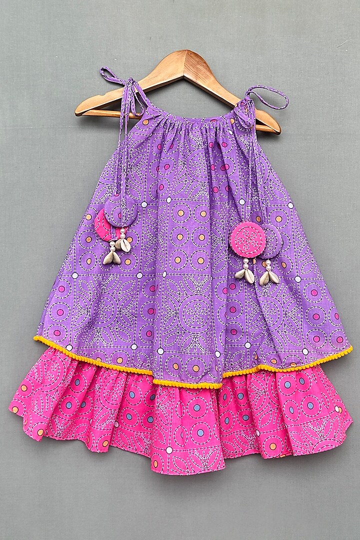 Purple & Pink Cotton Kantha Printed Layered Dress For Girls by Label Neeti at Pernia's Pop Up Shop