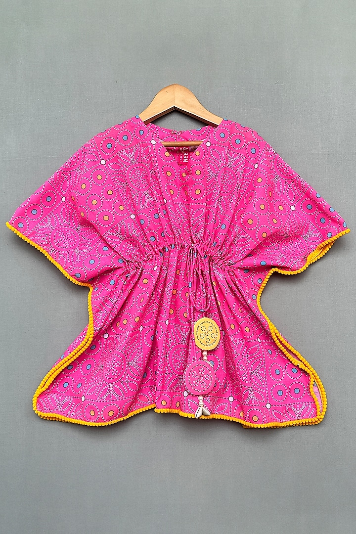 Pink Cotton Kanta Printed Kaftan For Girls by Label Neeti at Pernia's Pop Up Shop