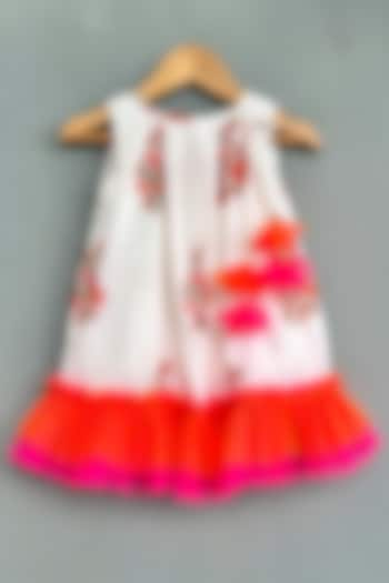 White & Red Pure Cotton Block Printed Frilled Dress For Girls by Label Neeti at Pernia's Pop Up Shop