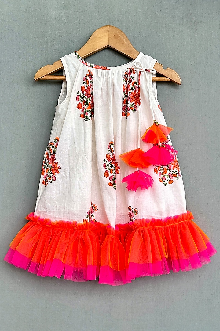 White & Red Pure Cotton Block Printed Frilled Dress For Girls by Label Neeti at Pernia's Pop Up Shop