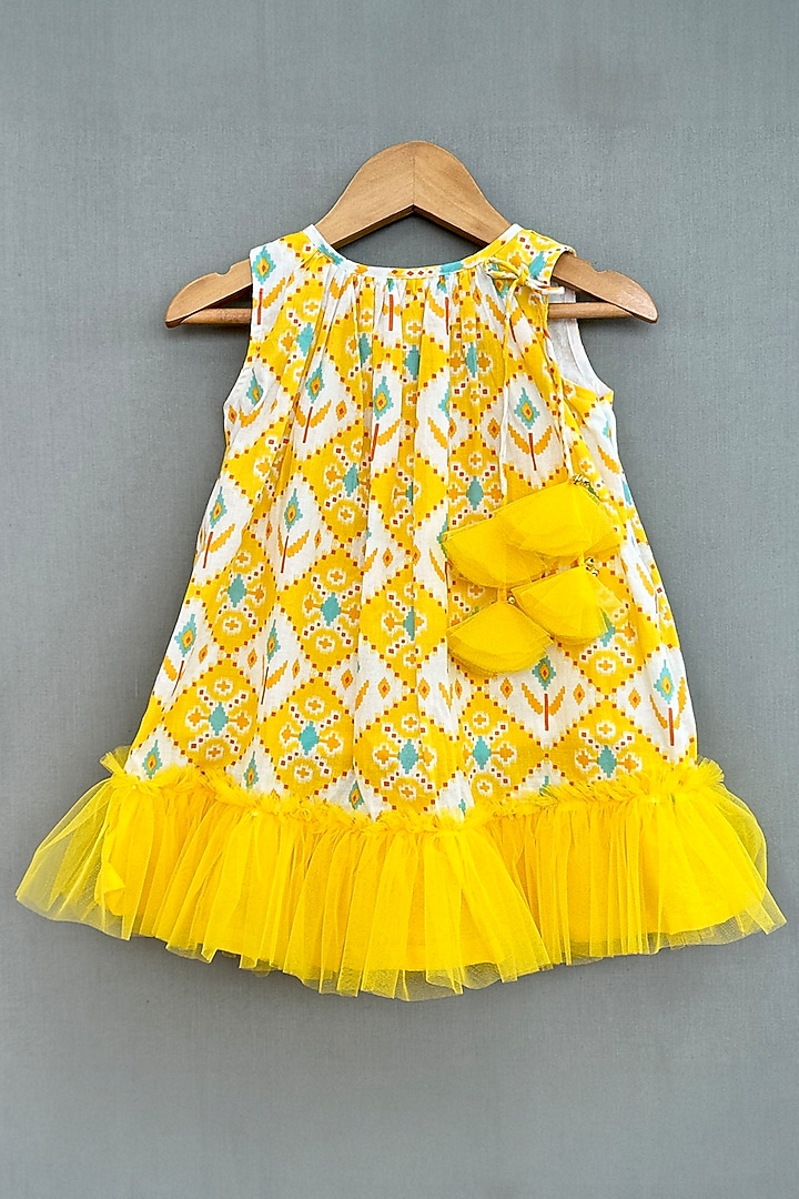 Yellow Pure Cotton Hand Block Printed Dress For Girls by Label Neeti at Pernia's Pop Up Shop