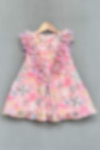 Pink Textured Linen Floral Printed Dress For Girls by Label Neeti at Pernia's Pop Up Shop