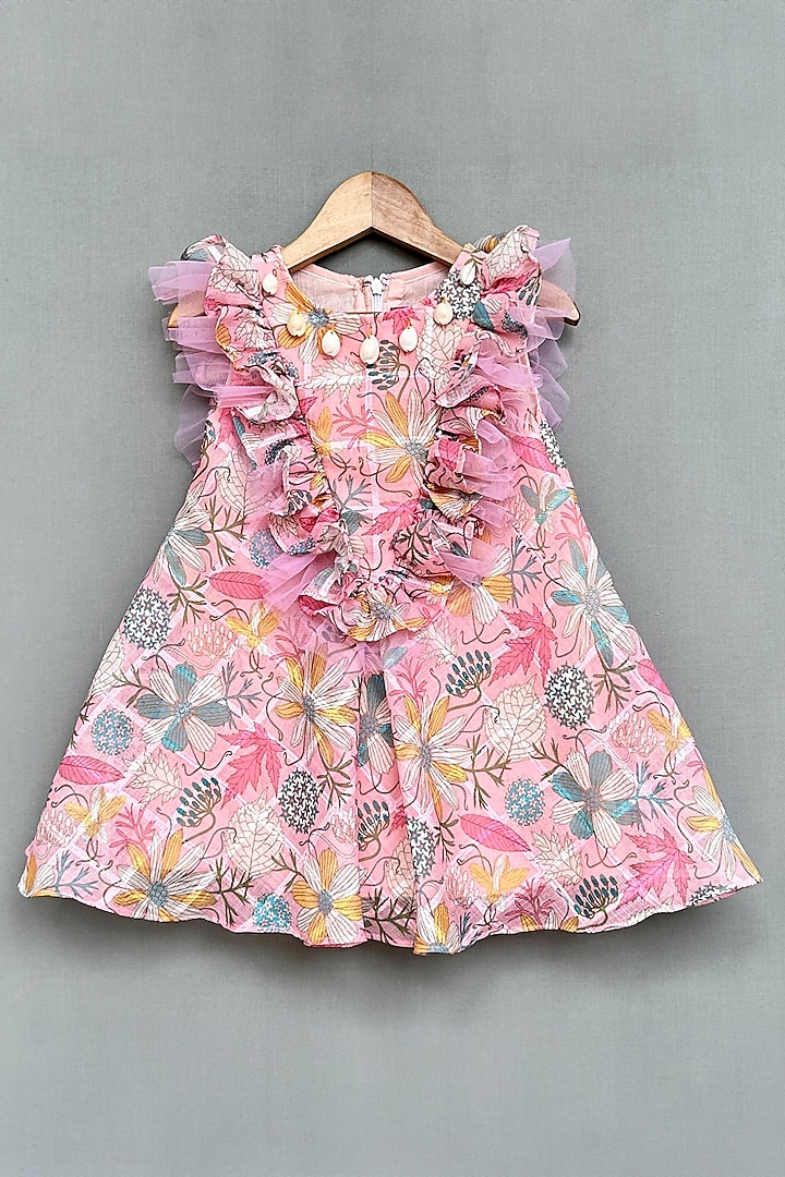 Pink Textured Linen Floral Printed Dress For Girls by Label Neeti at Pernia's Pop Up Shop