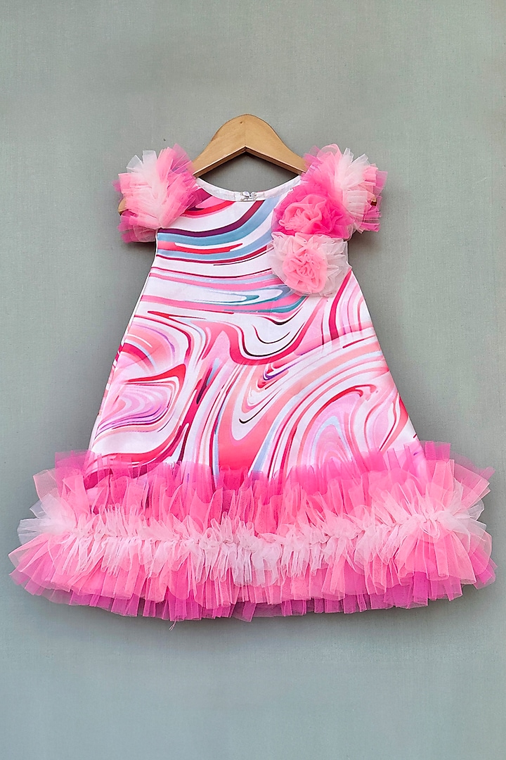 Pink Organza Satin Swirl Printed A-Line Dress For Girls by Label Neeti at Pernia's Pop Up Shop