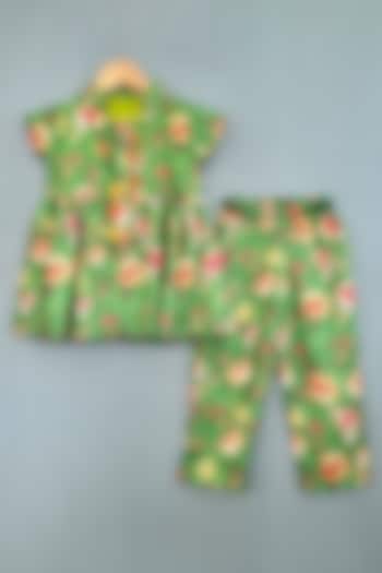 Green Cotton Satin Floral Printed Kurta Set For Girls by Label Neeti at Pernia's Pop Up Shop