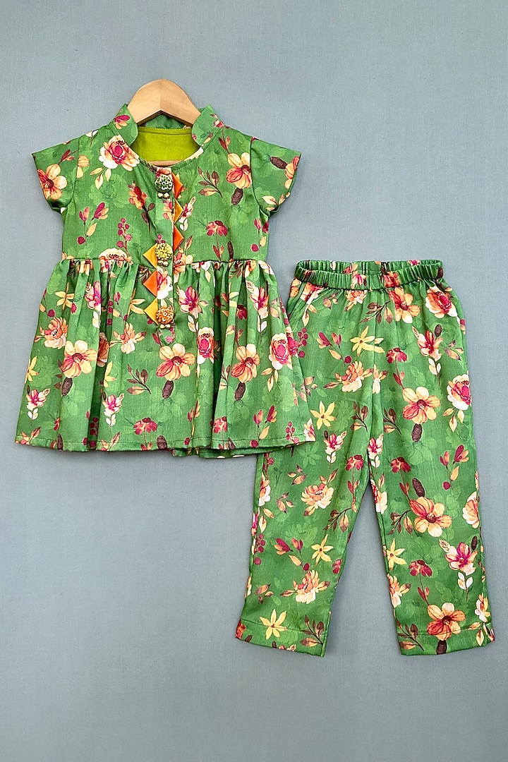 Green Cotton Satin Floral Printed Kurta Set For Girls by Label Neeti at Pernia's Pop Up Shop