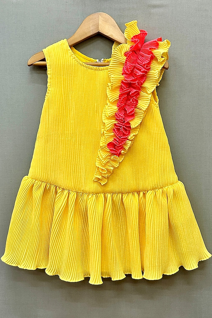 Yellow Pleated Lycra Ruffled Dress For Girls by Label Neeti at Pernia's Pop Up Shop