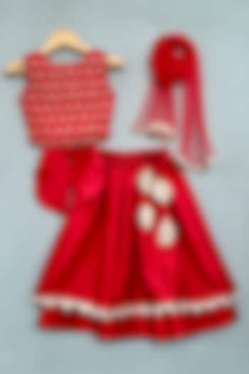 Red Muslin Silk Zari Lace Layered Lehenga Set For Girls by Label Neeti at Pernia's Pop Up Shop