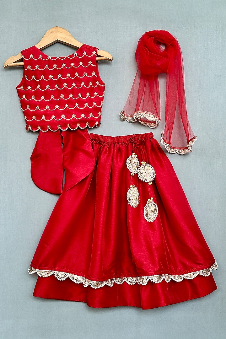 Red Muslin Silk Zari Lace Layered Lehenga Set For Girls by Label Neeti at Pernia's Pop Up Shop