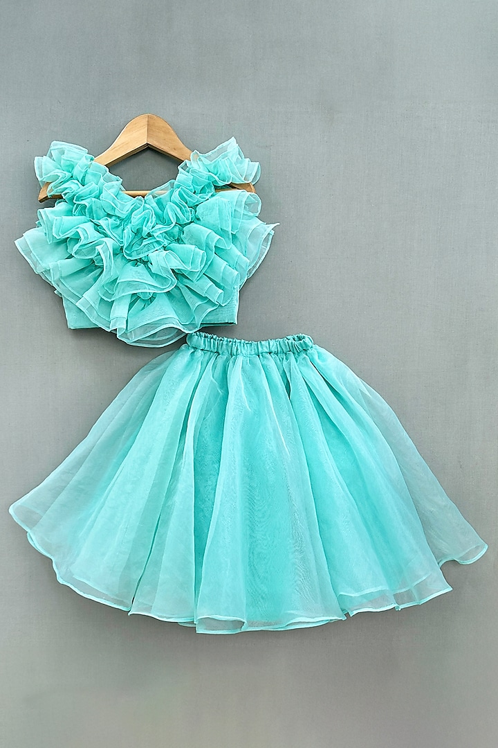 Aqua Blue Organza Layered Lehenga Set For Girls by Label Neeti at Pernia's Pop Up Shop