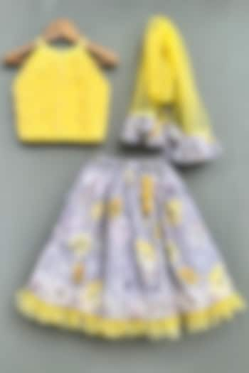 Grey Cotton Floral Printed Pleated Lehenga Set For Girls by Label Neeti at Pernia's Pop Up Shop