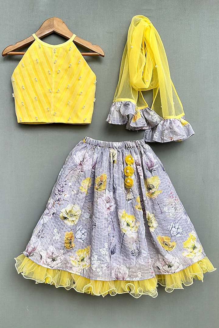 Grey Cotton Floral Printed Pleated Lehenga Set For Girls by Label Neeti at Pernia's Pop Up Shop