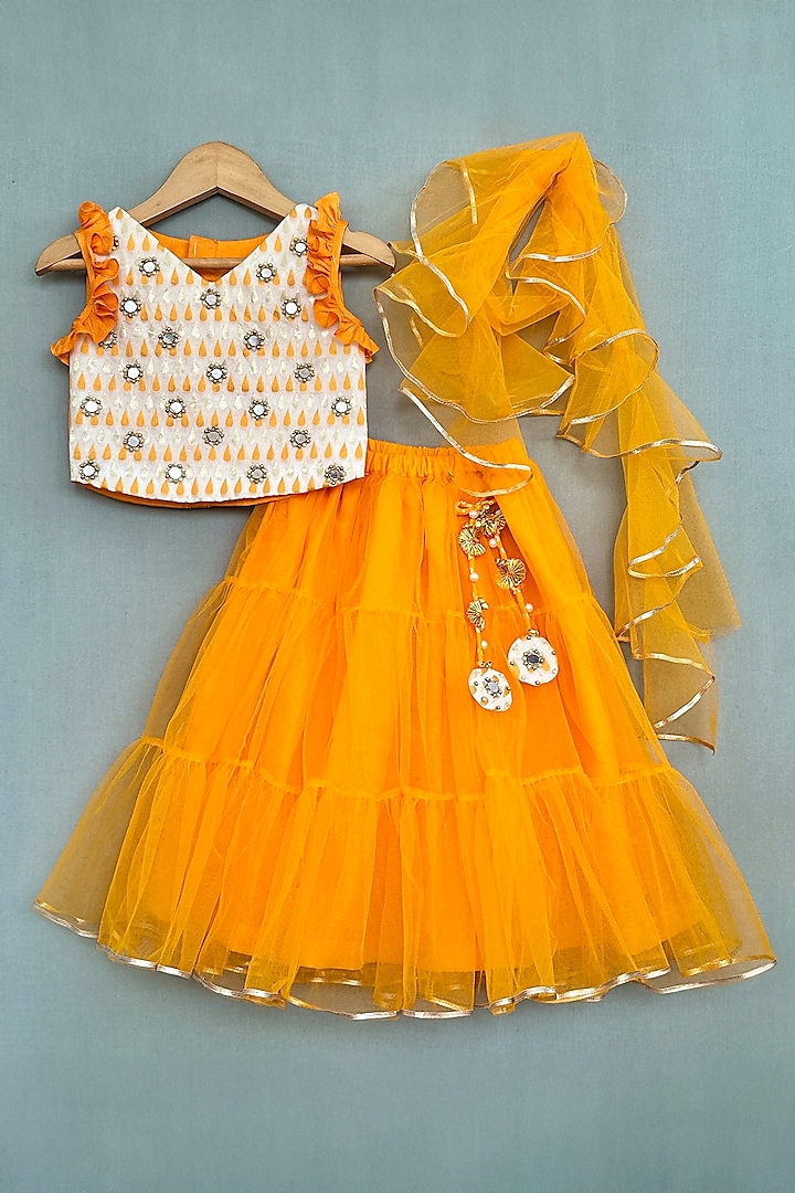 Orange Net Tiered Lehenga Set For Girls by Label Neeti at Pernia's Pop Up Shop