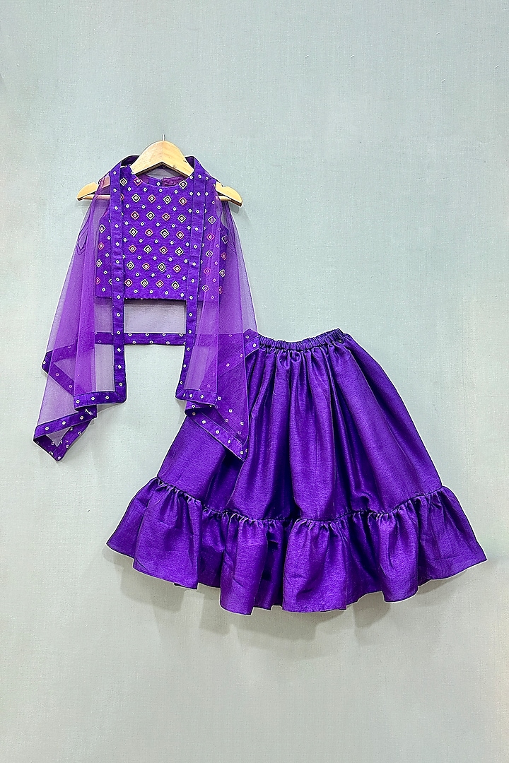 Purple Silk Layered Jacket Lehenga Set For Girls by Label Neeti at Pernia's Pop Up Shop