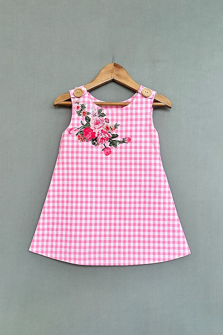 Pink Cotton Gingham Checks Printed A-Line Dress For Girls by Label Neeti at Pernia's Pop Up Shop