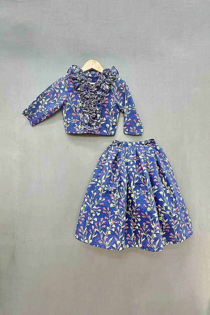 Blue Cotton Floral Printed Box-Pleated Skirt Set For Girls by Label Neeti