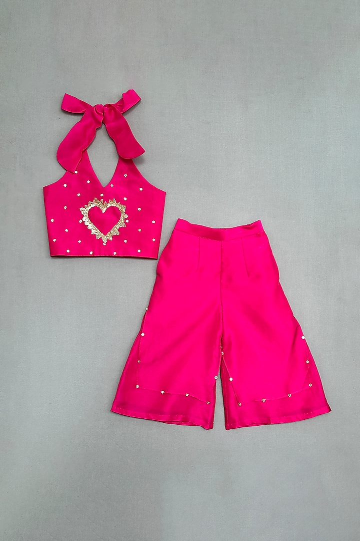 Pink Silk Heart-Shaped Sequins Embroidered Co-Ord Set For Girls by Label Neeti