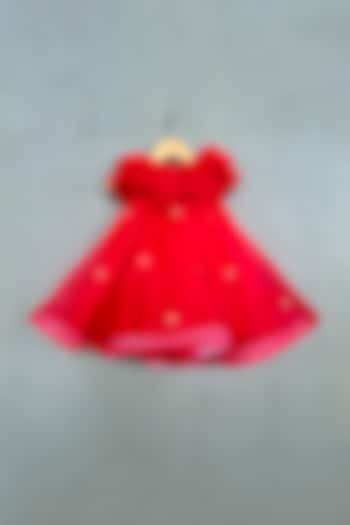 Red Organza Pearl Embellished Flared Dress For Girls by Label Neeti