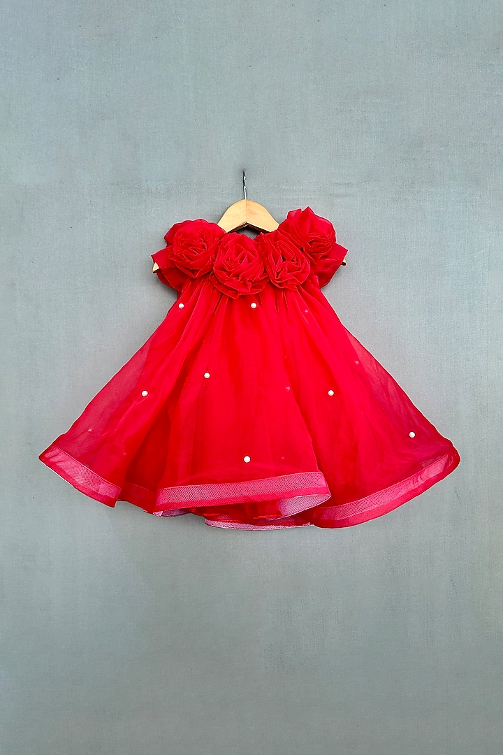 Red Organza Pearl Embellished Flared Dress For Girls by Label Neeti