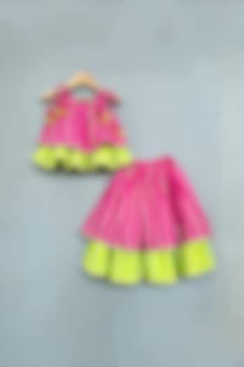 Pink & Green Cotton Bandhani Printed Layered Lehenga Set For Girls by Label Neeti