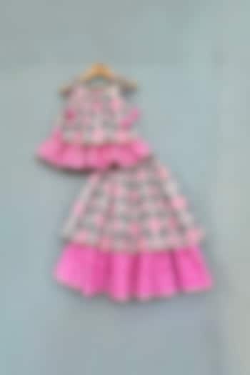 Pink & Grey Cotton Bandhani Printed Layered Lehenga Set For Girls by Label Neeti