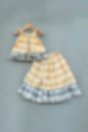 Yellow & Blue Cotton Block Printed Layered Lehenga Set For Girls by Label Neeti