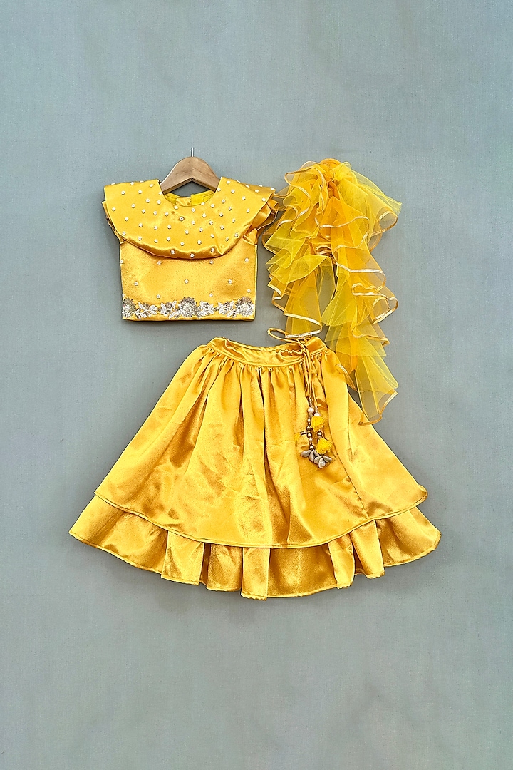 Golden Yellow Silk Satin Layered Lehenga Set For Girls by Label Neeti
