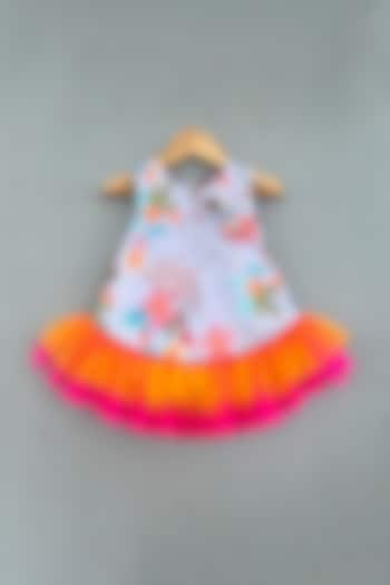 Multi-Colored Cotton Satin & Net Floral Printed Frilled Dress For Girls by Label Neeti at Pernia's Pop Up Shop