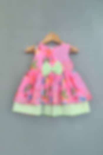 Pink & Green Cotton Satin Floral Printed Dress For Girls by Label Neeti