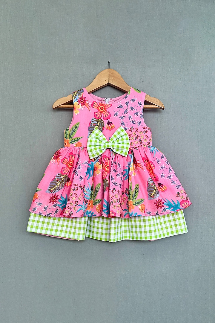 Pink & Green Cotton Satin Floral Printed Dress For Girls by Label Neeti