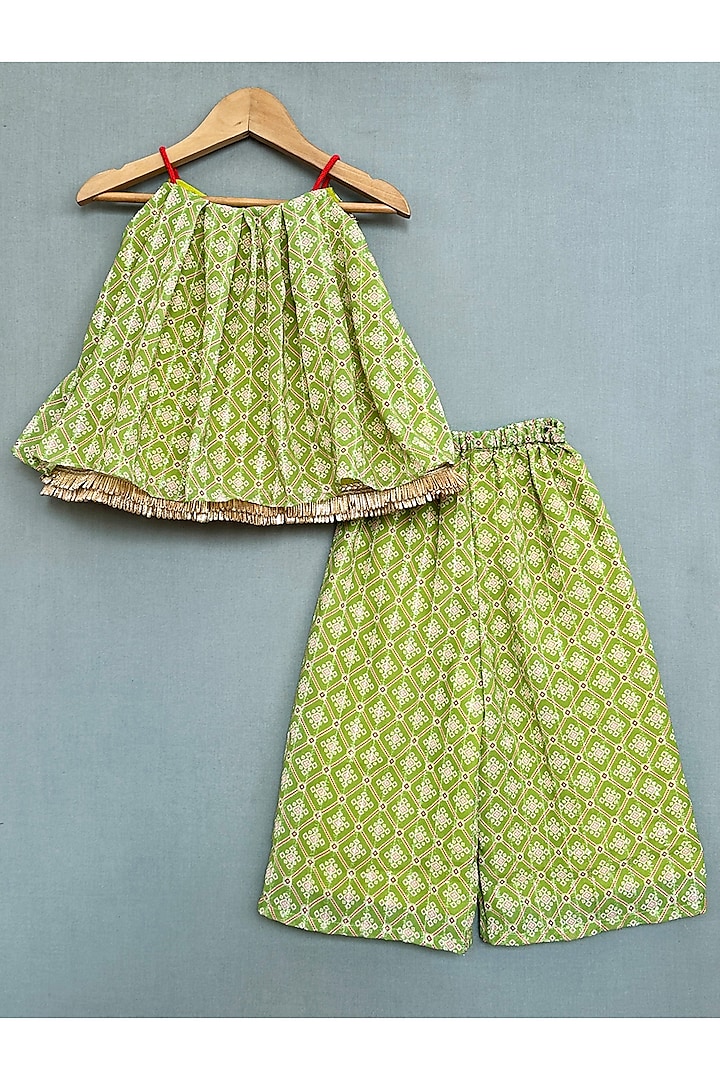 Green Georgette Printed Co-Ord Set For Girls by Label Neeti