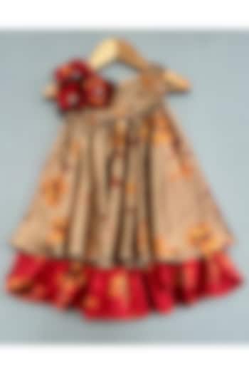 Beige & Gold Satin Floral Printed Dress For Girls by Label Neeti