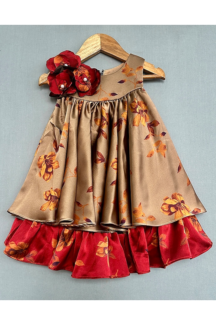 Beige & Gold Satin Floral Printed Dress For Girls by Label Neeti