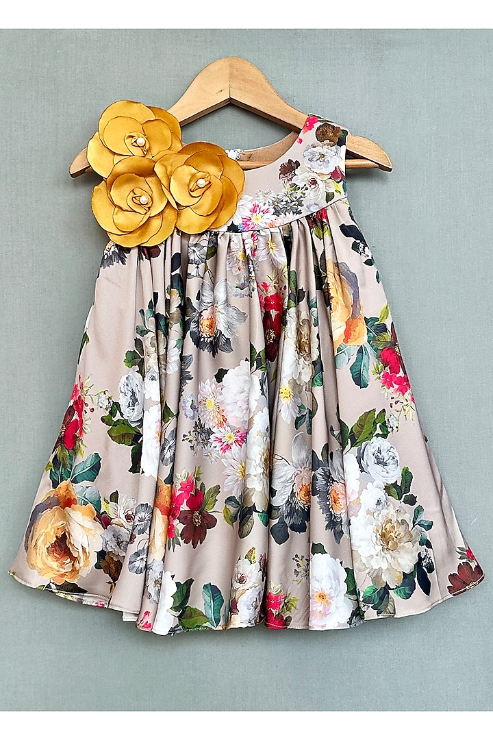 Beige Satin Handmade Floral Dress For Girls by Label Neeti