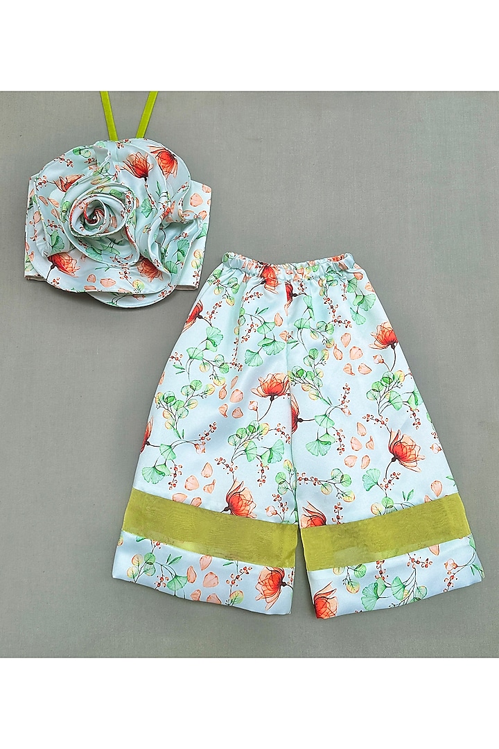 Green Muslin Satin Printed Co-Ord Set For Girls by Label Neeti