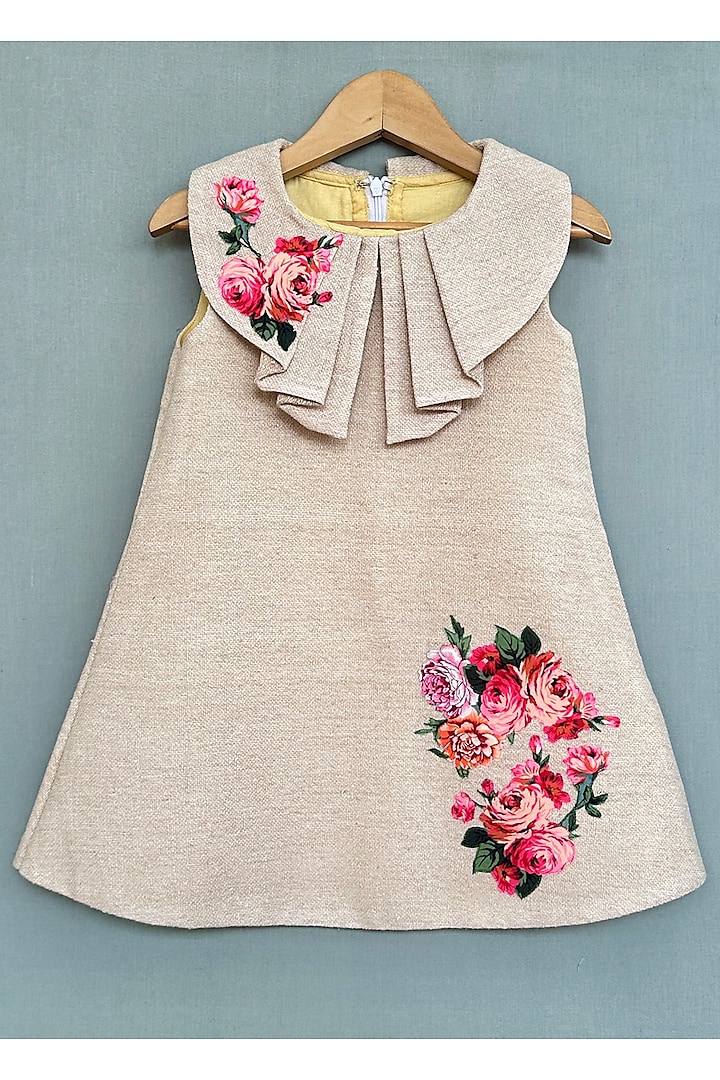 Beige Soft Jute Linen Floral Applique A-Line Dress For Girls by Label Neeti
